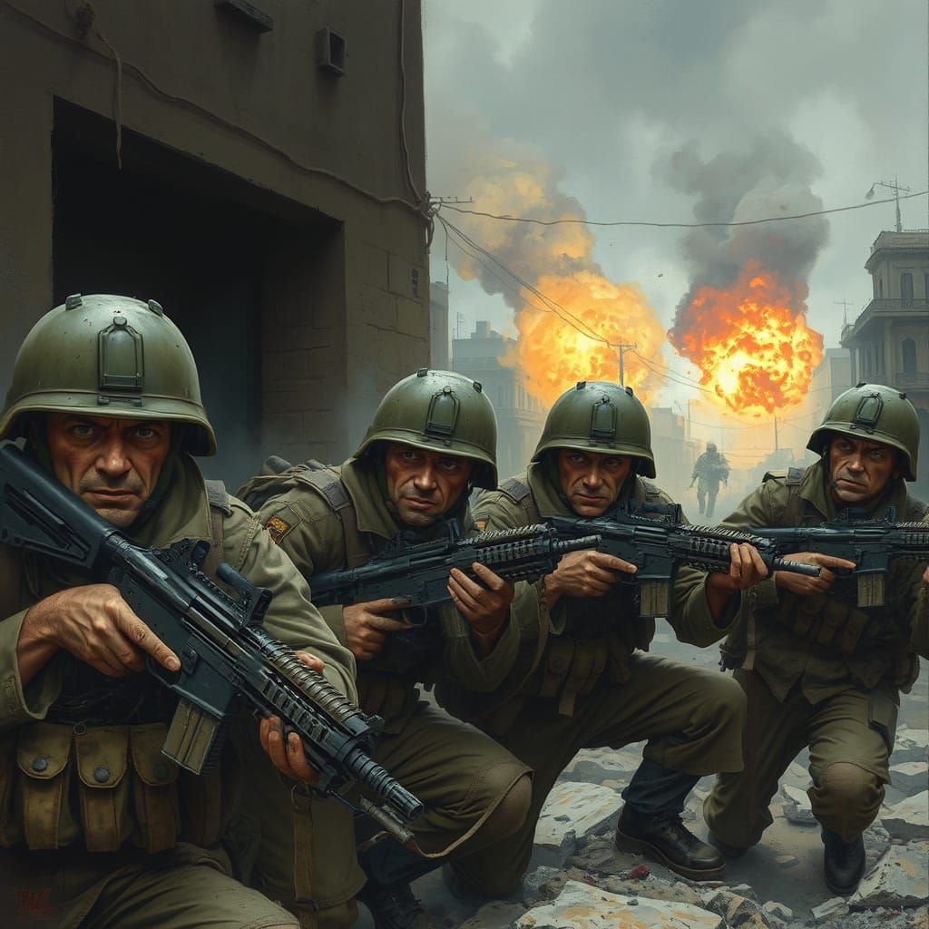 Battle-Hardened Soldiers in War-Torn Cityscape