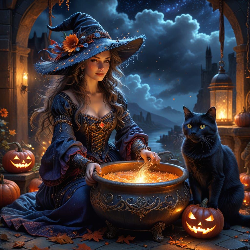 Witch and Black Cat Brewing Potion Under Starry Night