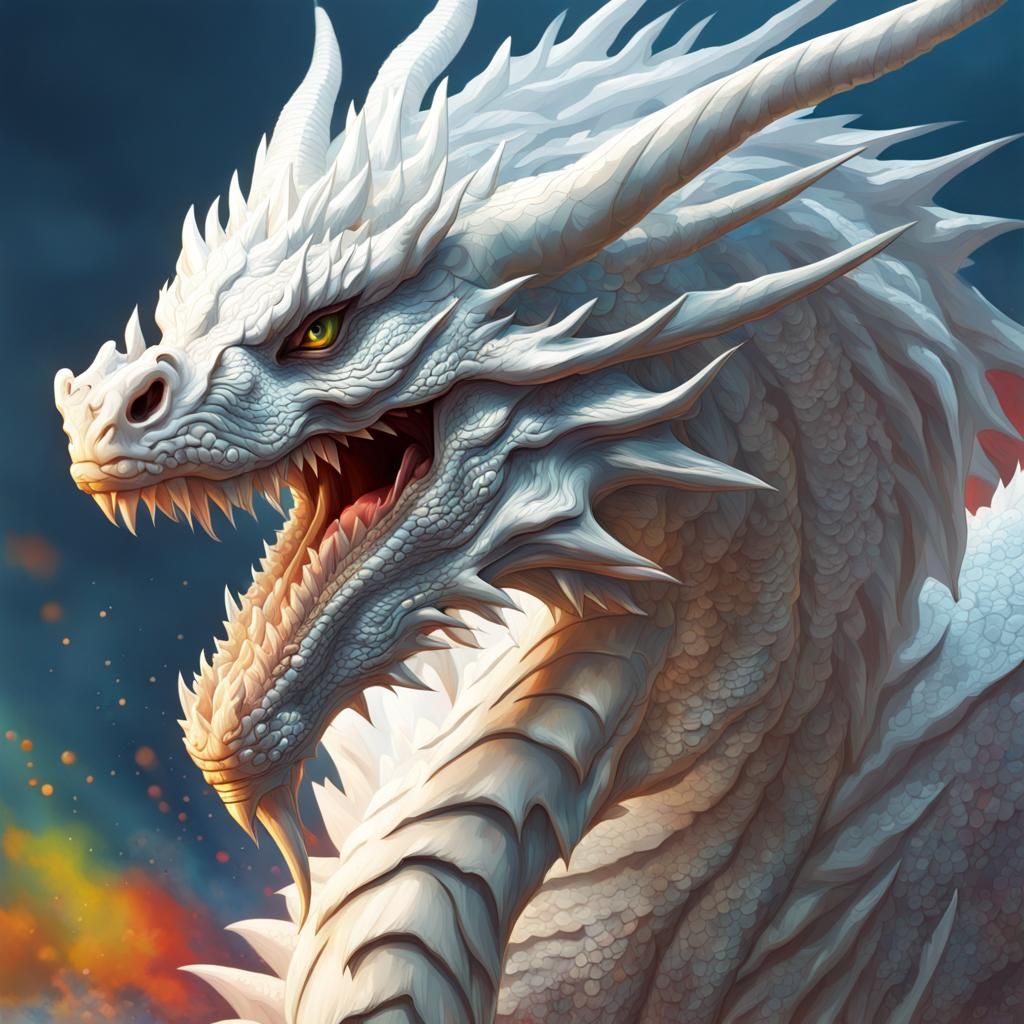 Detailed White Dragon in Splash Art Style