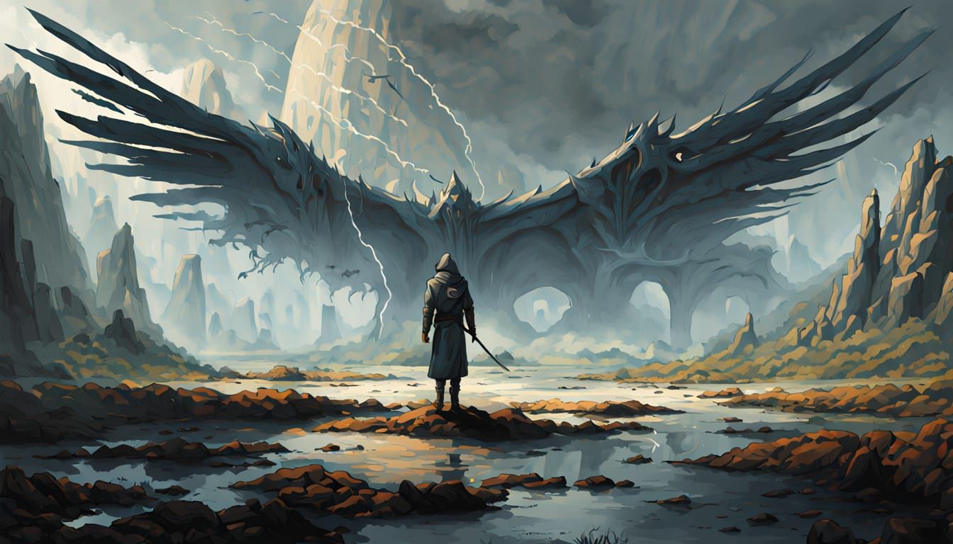 Solemn Winged Guardian in Ancient Misty Crossroads