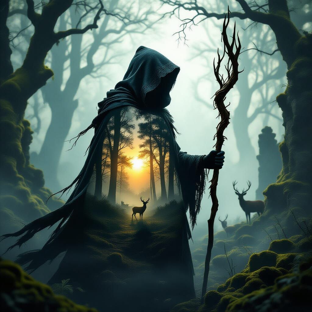 Druid Silhouette with Woodland Double Exposure