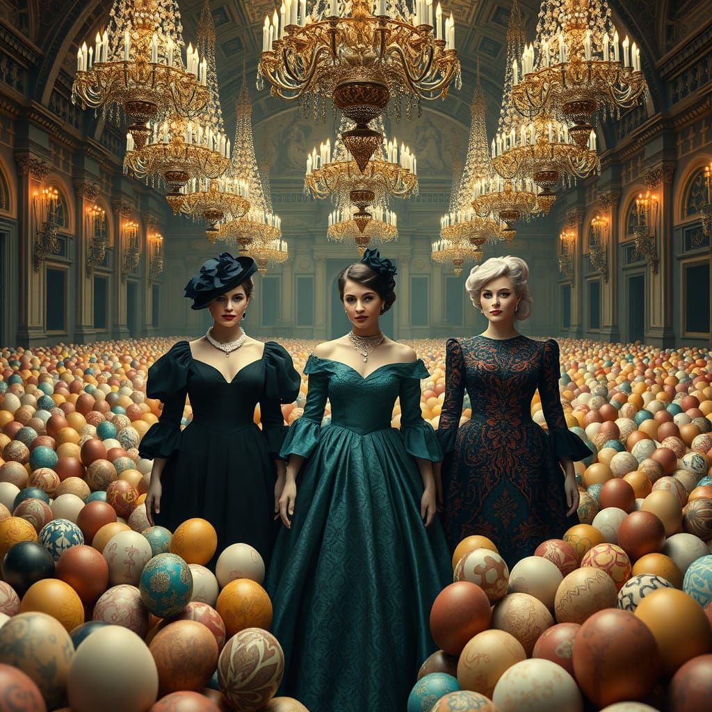 Surreal Ladies in Egg Hall: A Dreamlike Vision