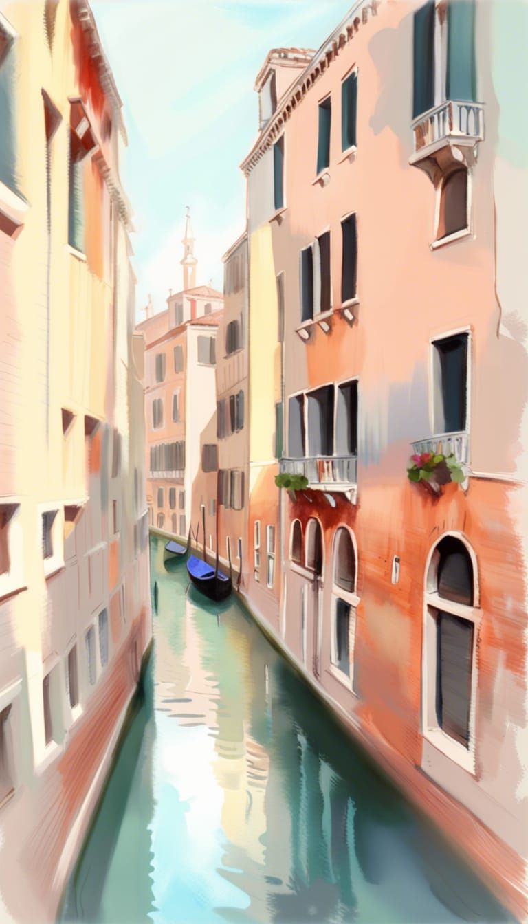 Venice Canal View from Bridge in Watercolor