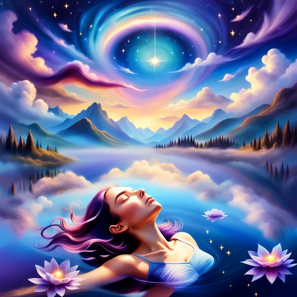 Ethereal Figure Floating in Dreamlike Starry Sky