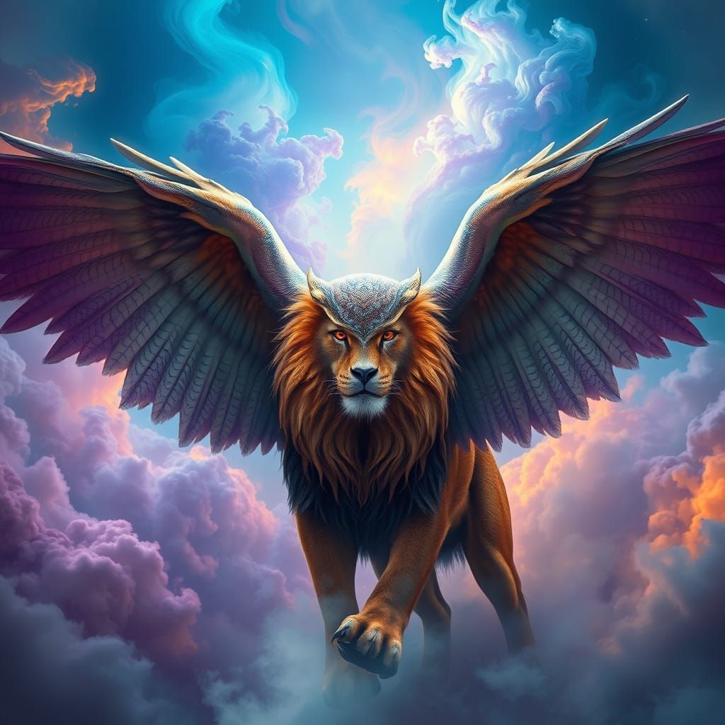 Surreal Lion Eagle Hybrid in Vibrant Cloudscape