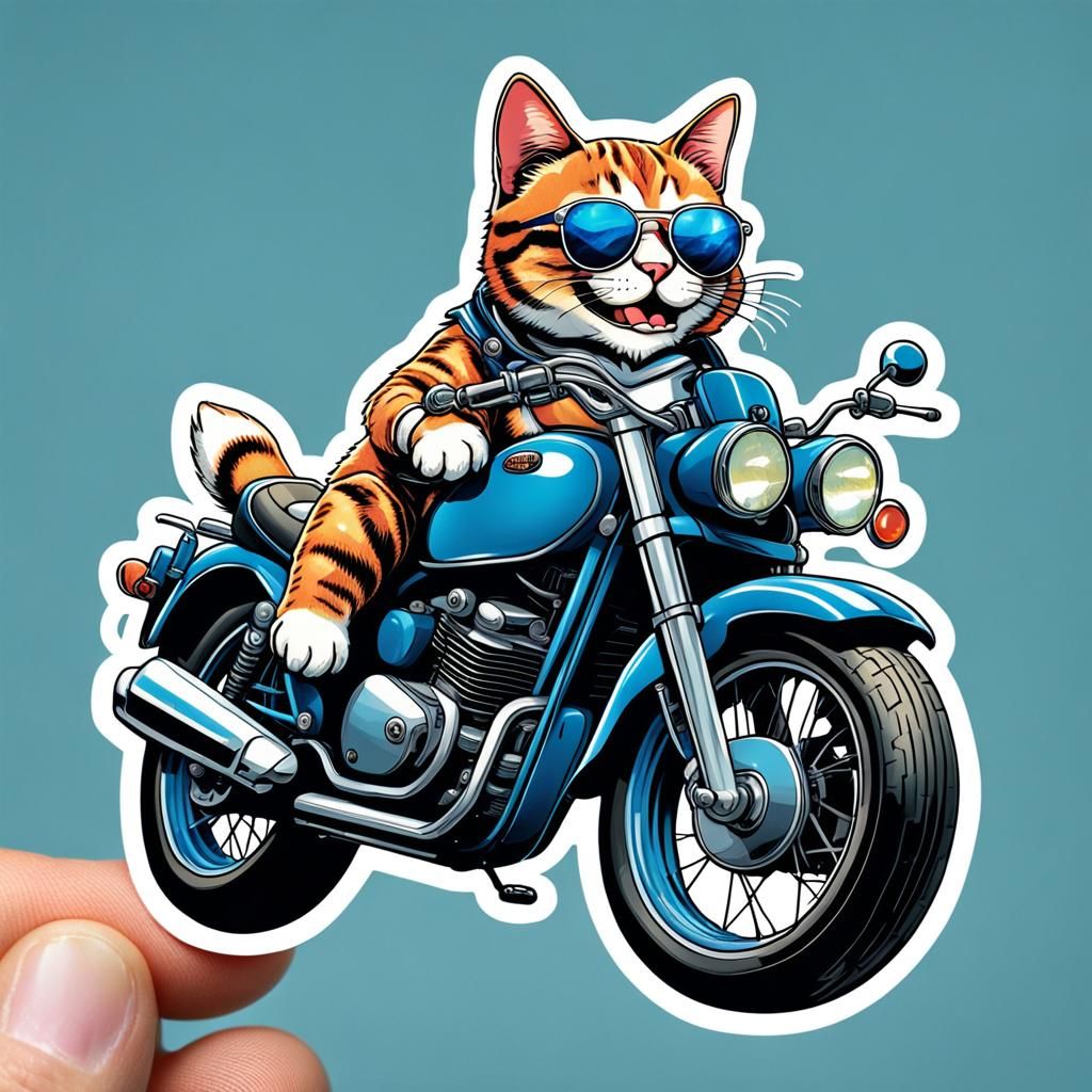 Happy Cat on Motorbike Sticker in Comic Art Style