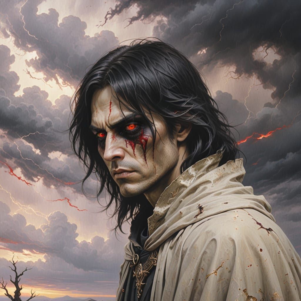 Immortal Being in Desolate Landscape, Gothic Oil Painting