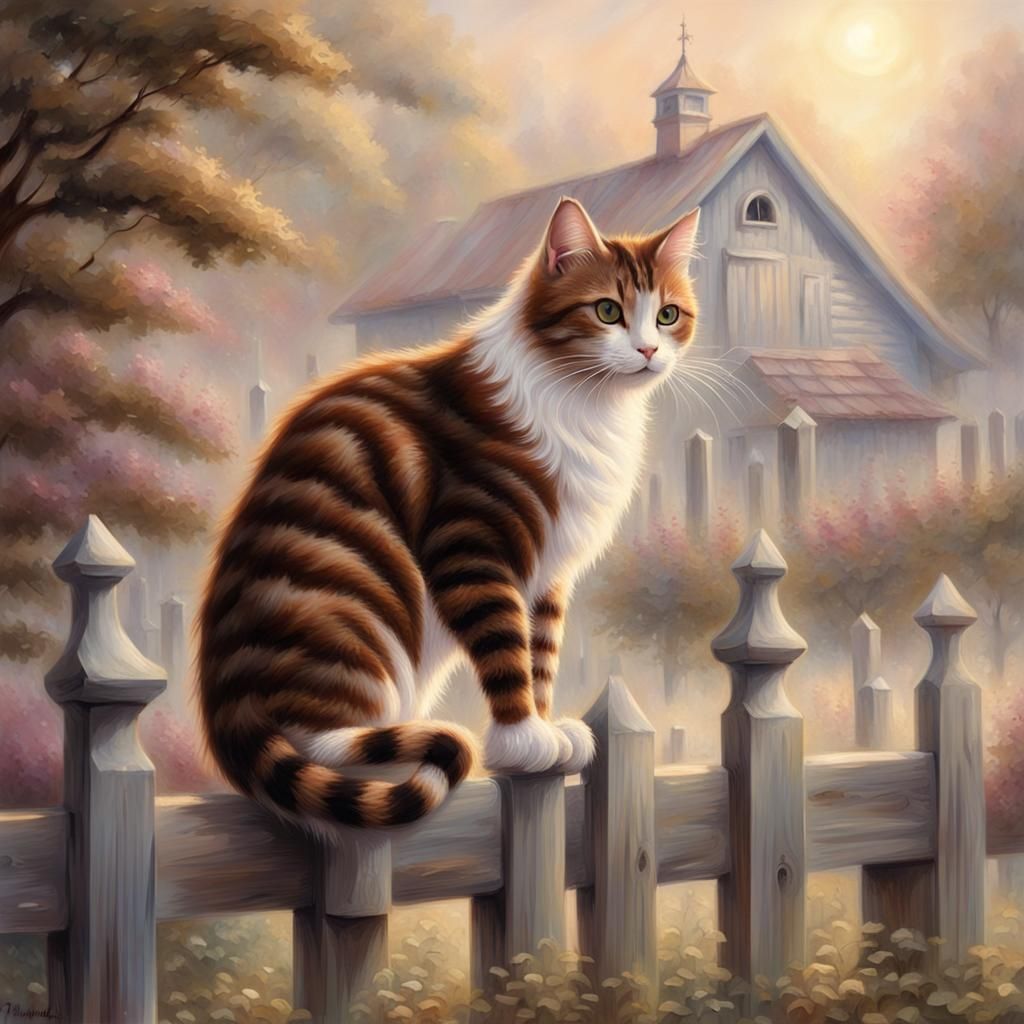 Striped Cat Walks Fence in Ethereal Style