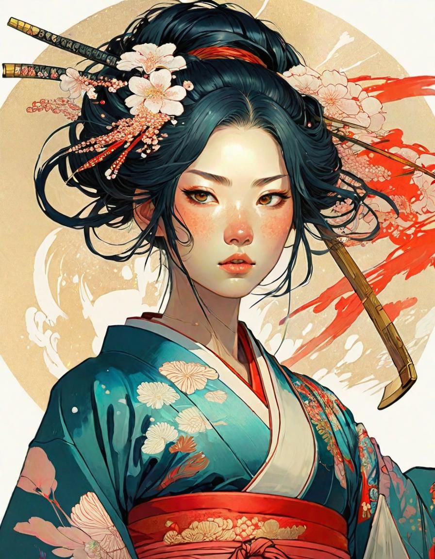 Anime Portrait in Kimono with Speed Painting Strokes