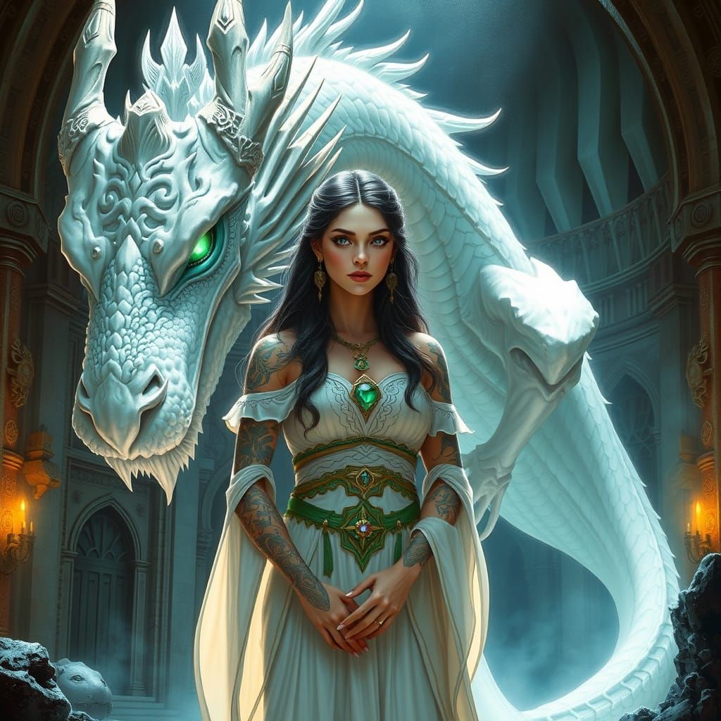 Celtic Priestess and Dragon in Mystical Temple