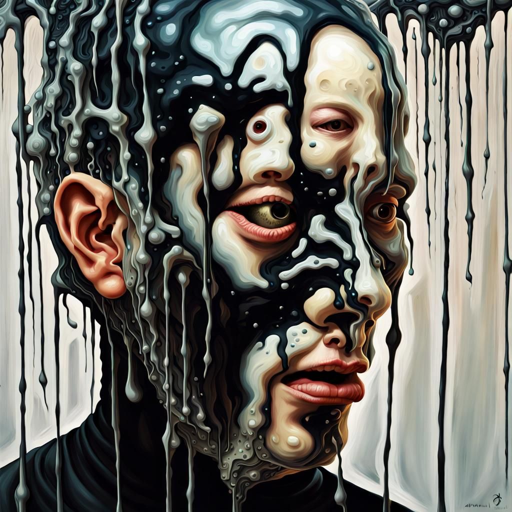 Distressed Person with Melting Mask in Surrealist Style