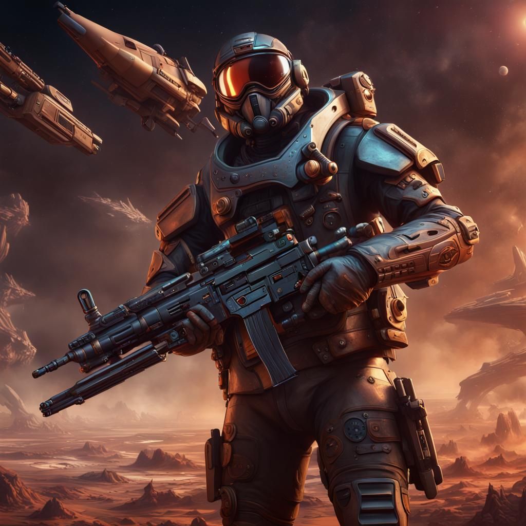 Starship Commander with Rifle in Detailed Matte Painting