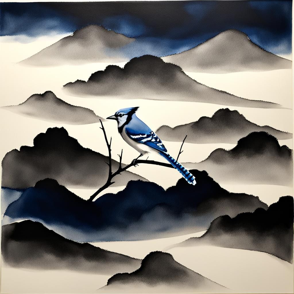 Blue Jay in Winter: Monochrome Ink and Wash Art
