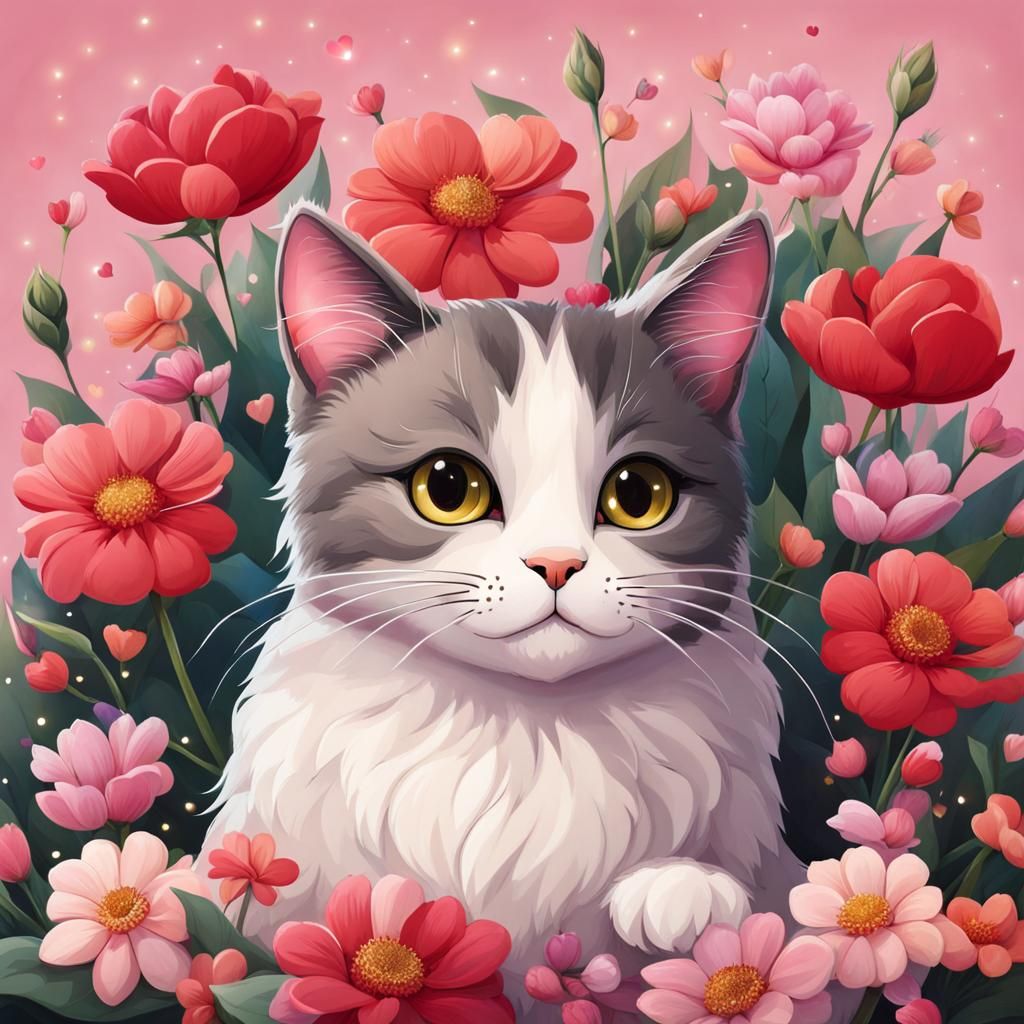 Cute Cat Surrounded by Flowers in Folk Art Style
