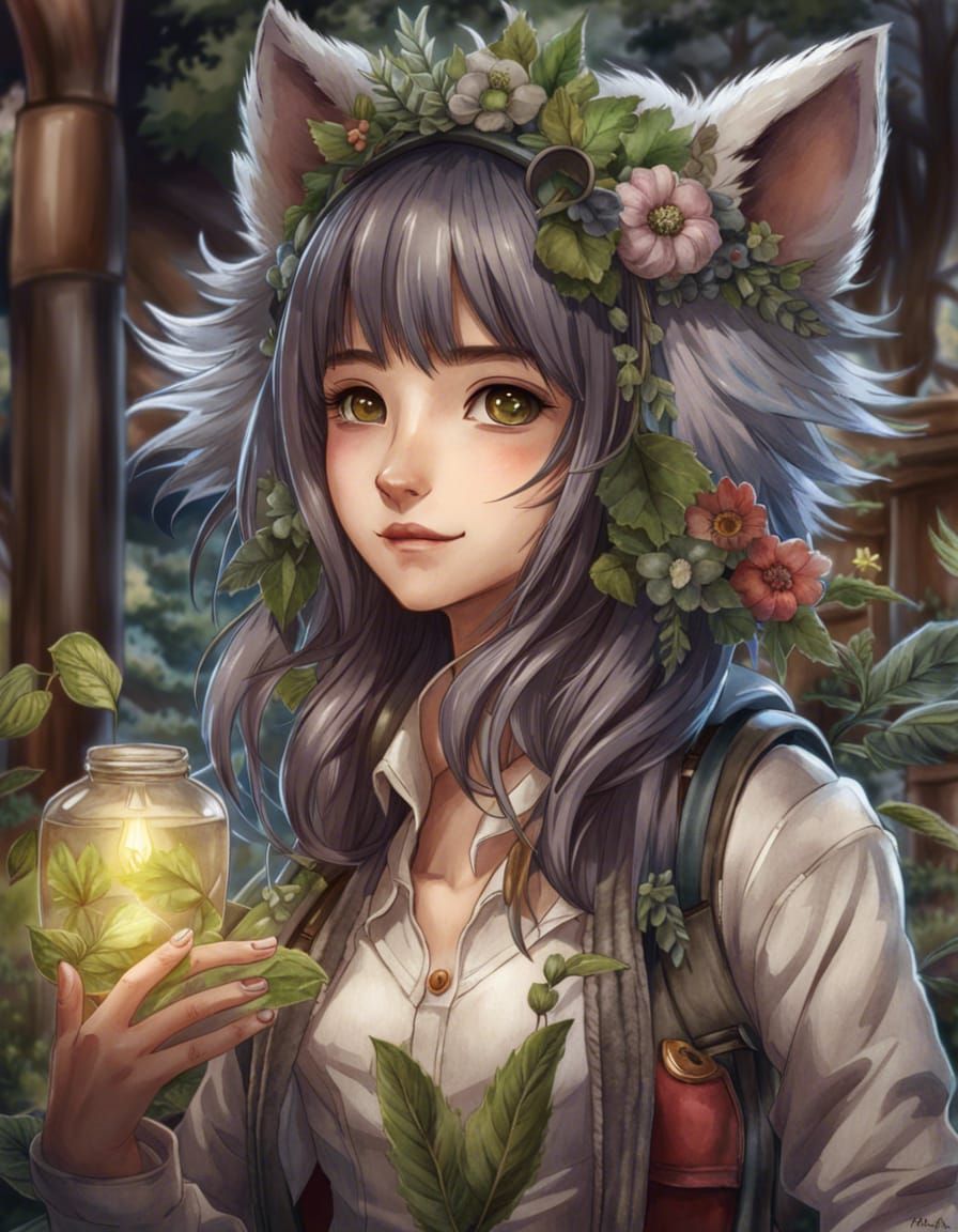Adorable Anime Wolf Girl Botanist Watercolor Portrait