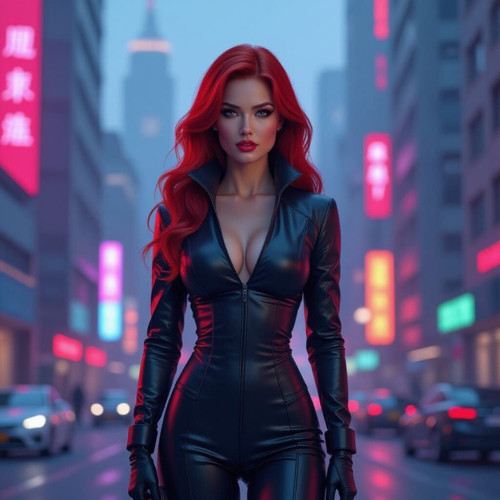Futuristic Redhead in Neon Cityscape, Digital Art