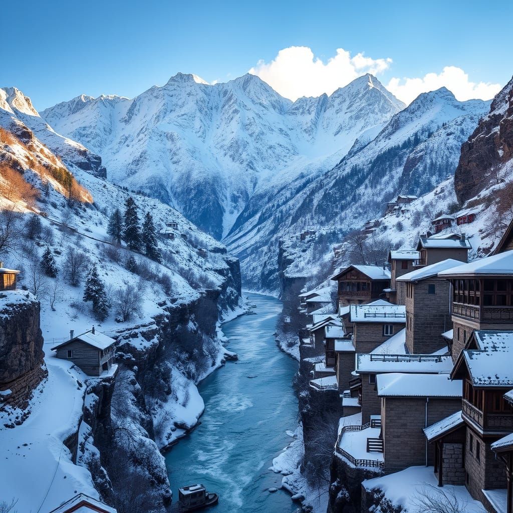Karakoram Valley Winter Wonderland in Vibrant Realism