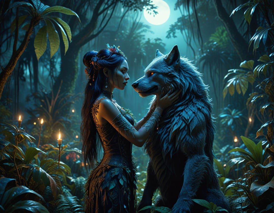 Ethereal Sorceress Embraces Werewolf in Moonlit Jungle