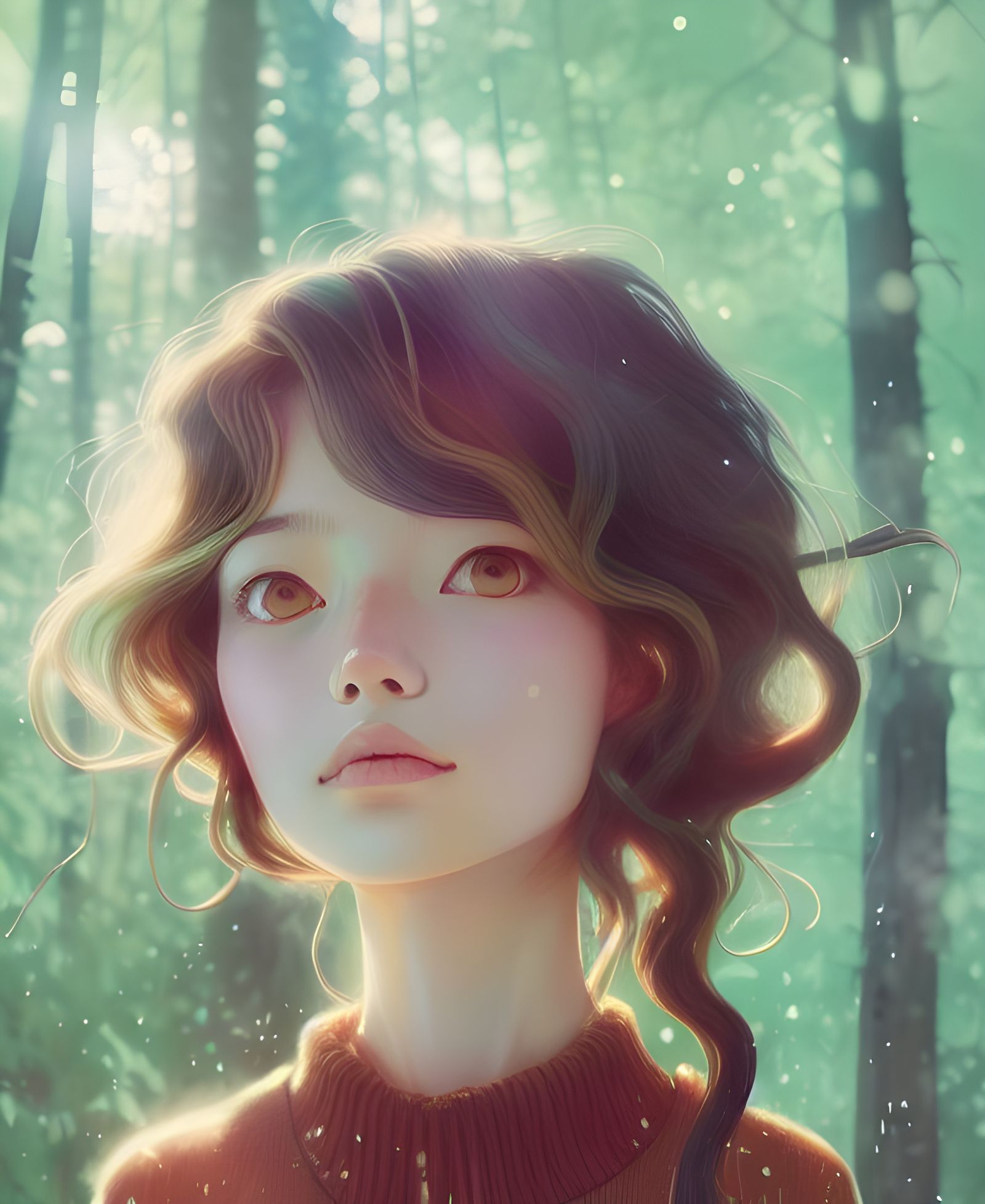 Cute Girl Portrait in Forest, Digital Illustration