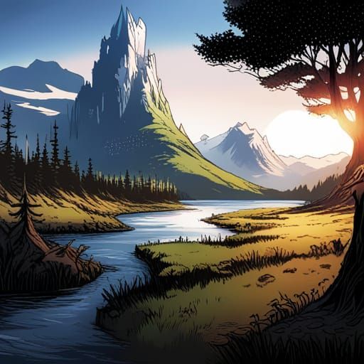 Scenic Viking Village in Sunlight, Comic Book Art