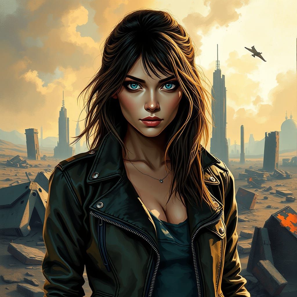Post-Apocalyptic Woman with Blue Eyes in Vivid Style