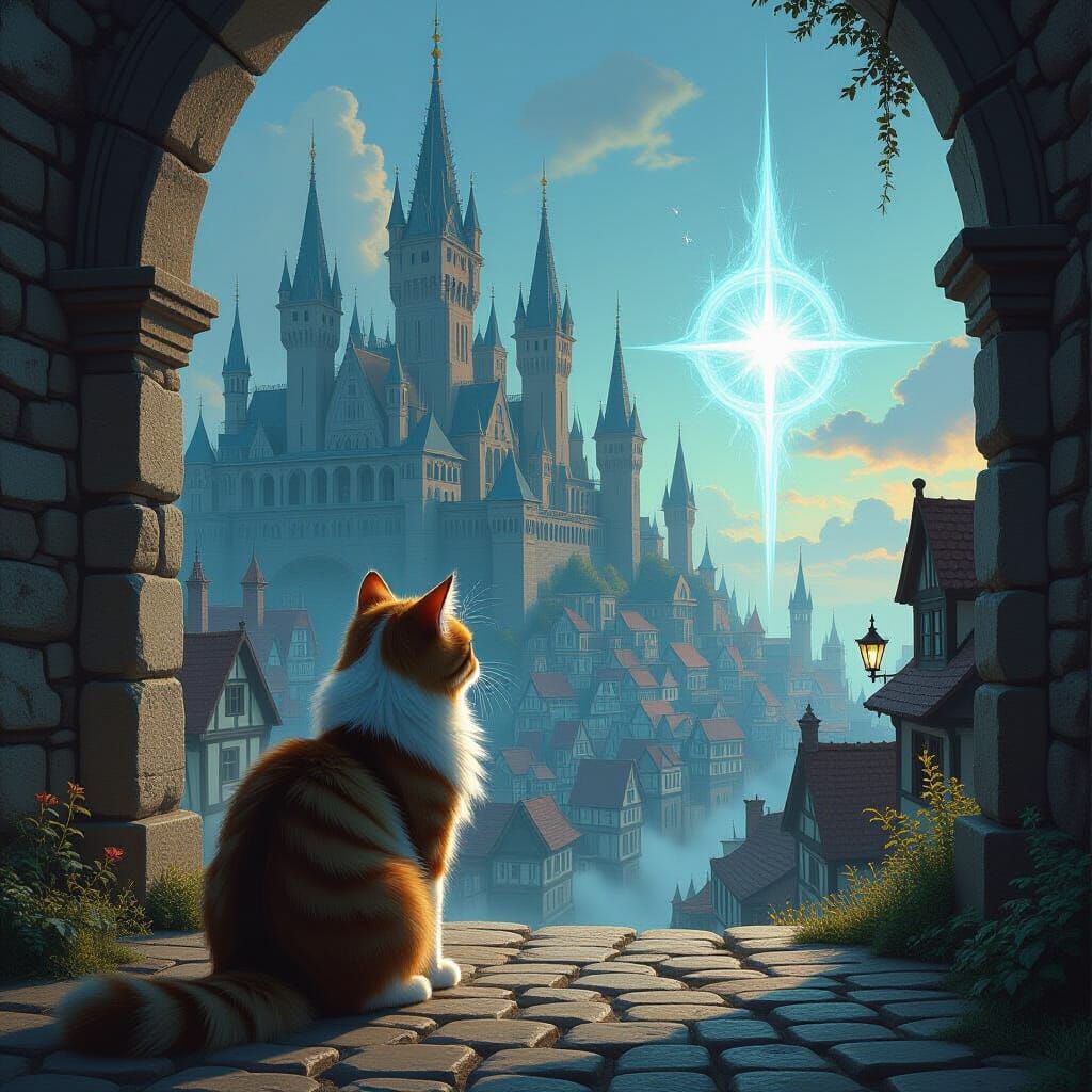 Iridescent Cat Gazes at Portal Leading to Medieval City