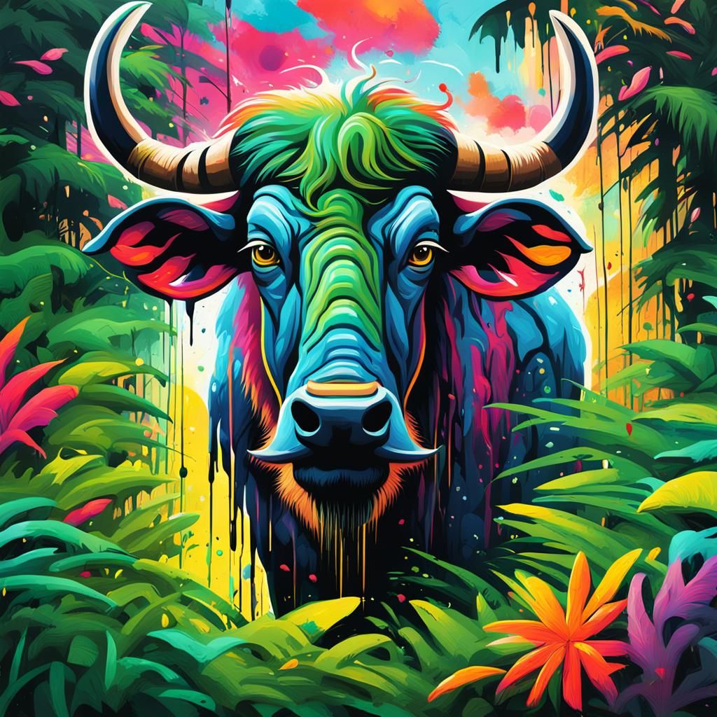 Cute Wildebeest in Graffiti Art Style Forest