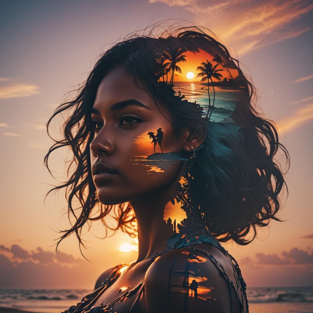 Sunset Silhouette Double Exposure: Hyperrealistic Beach Vibe