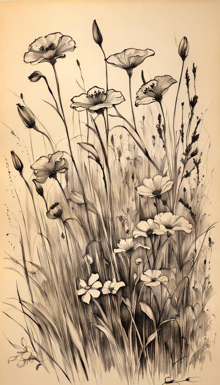 Art Nouveau Meadow Flowers in Pen and Ink