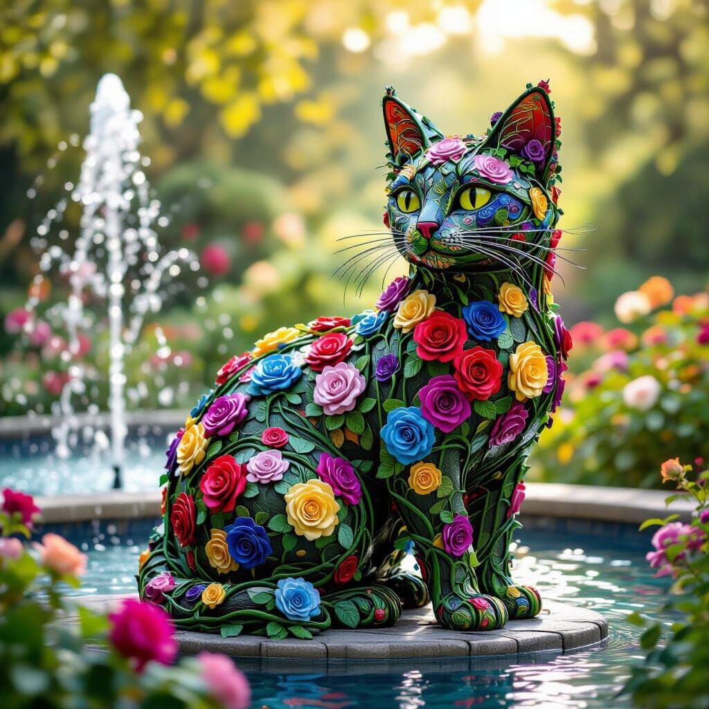 Psychedelic Rose Vine Cat Sculpture in Garden