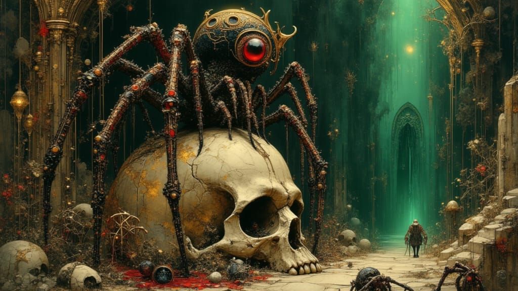 Gothic Spider Queen and Familiars in Eerie Cave