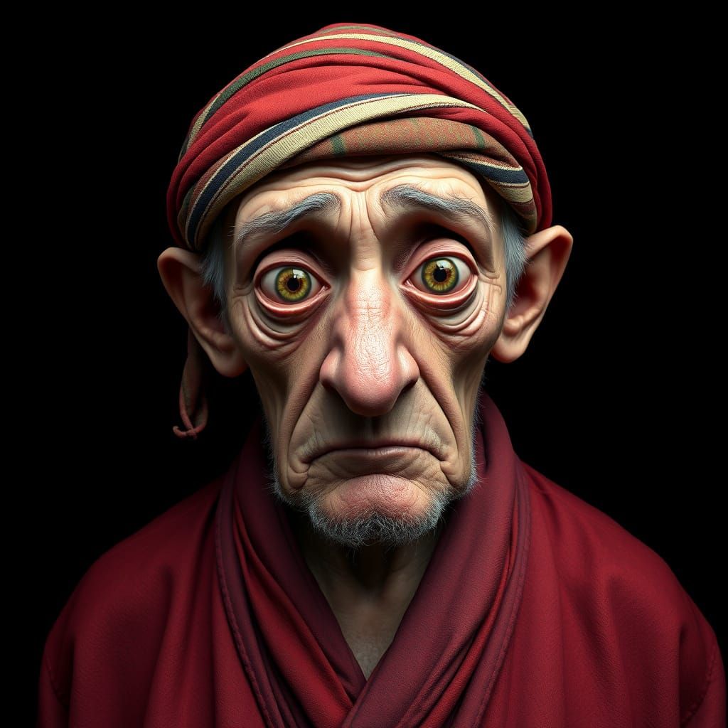 Elderly Man in Crimson Nightrobe with Somnambulant Eyes