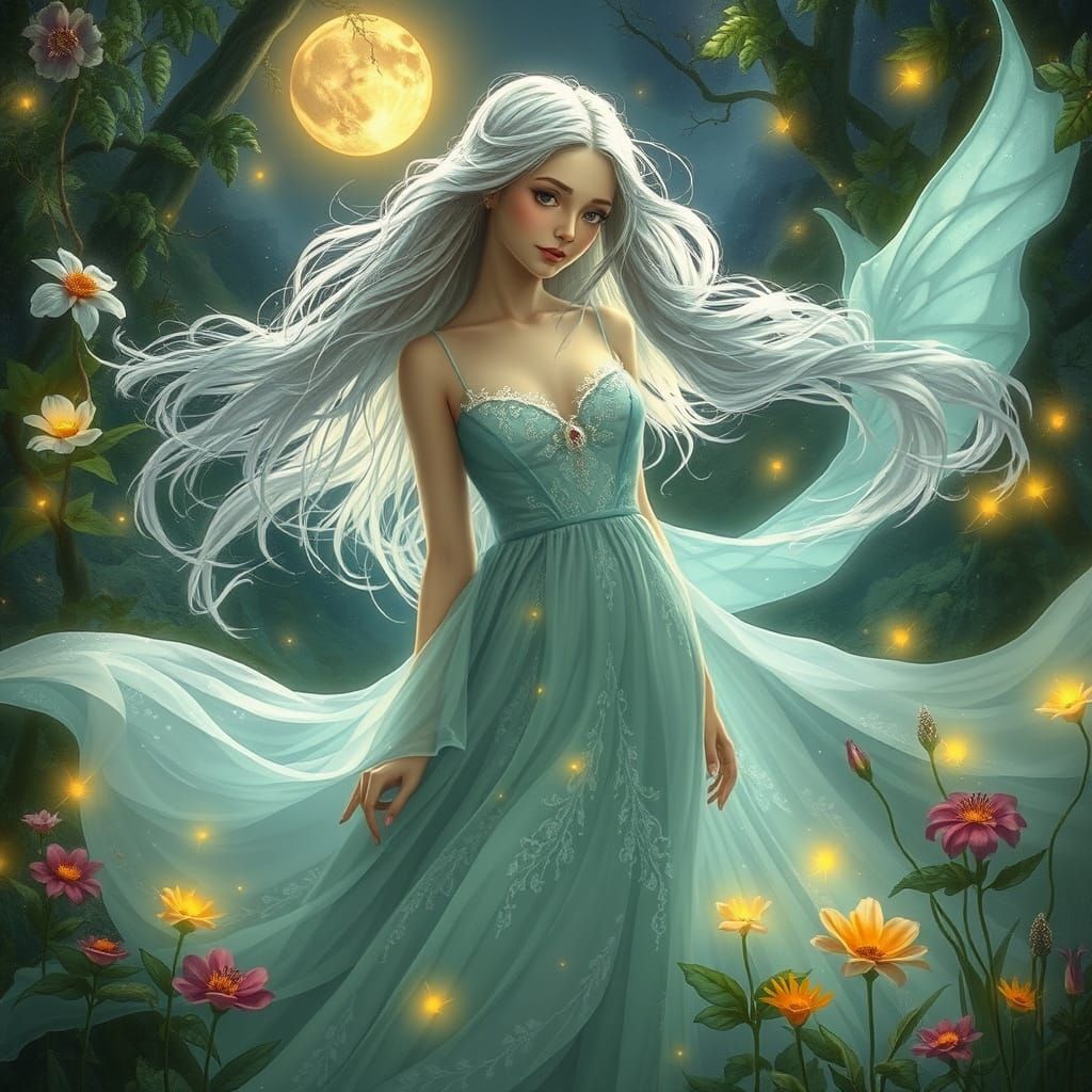 Woman with Silver Hair in Enchanted Glade