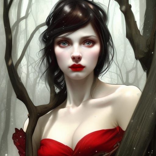 Woman with Black Hair in Winter Forest, Detailed Portrait