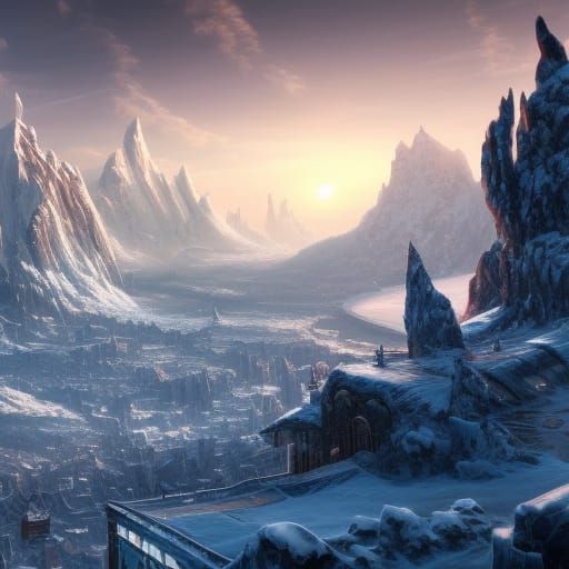 Icy City Vista from Snowy Mountaintop