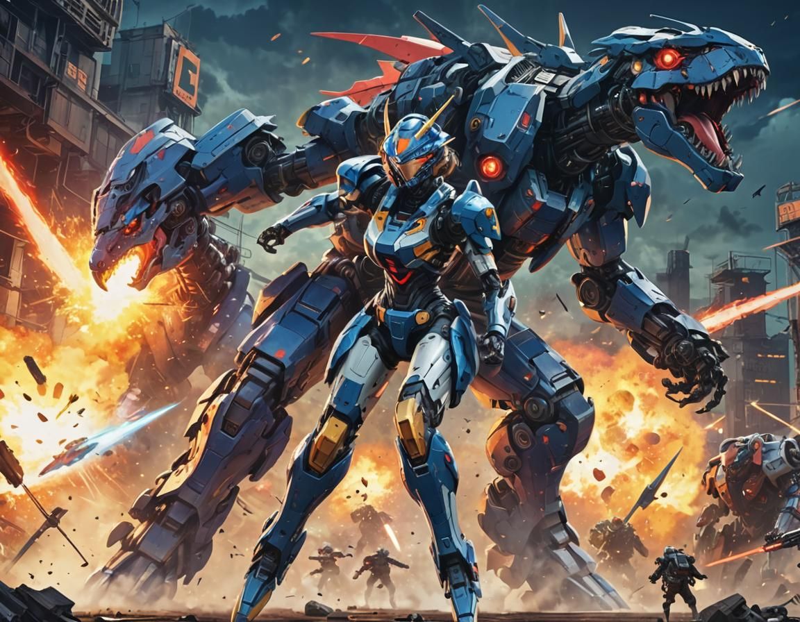 Anime Girl in Mecha Suit Battles Dinosaur