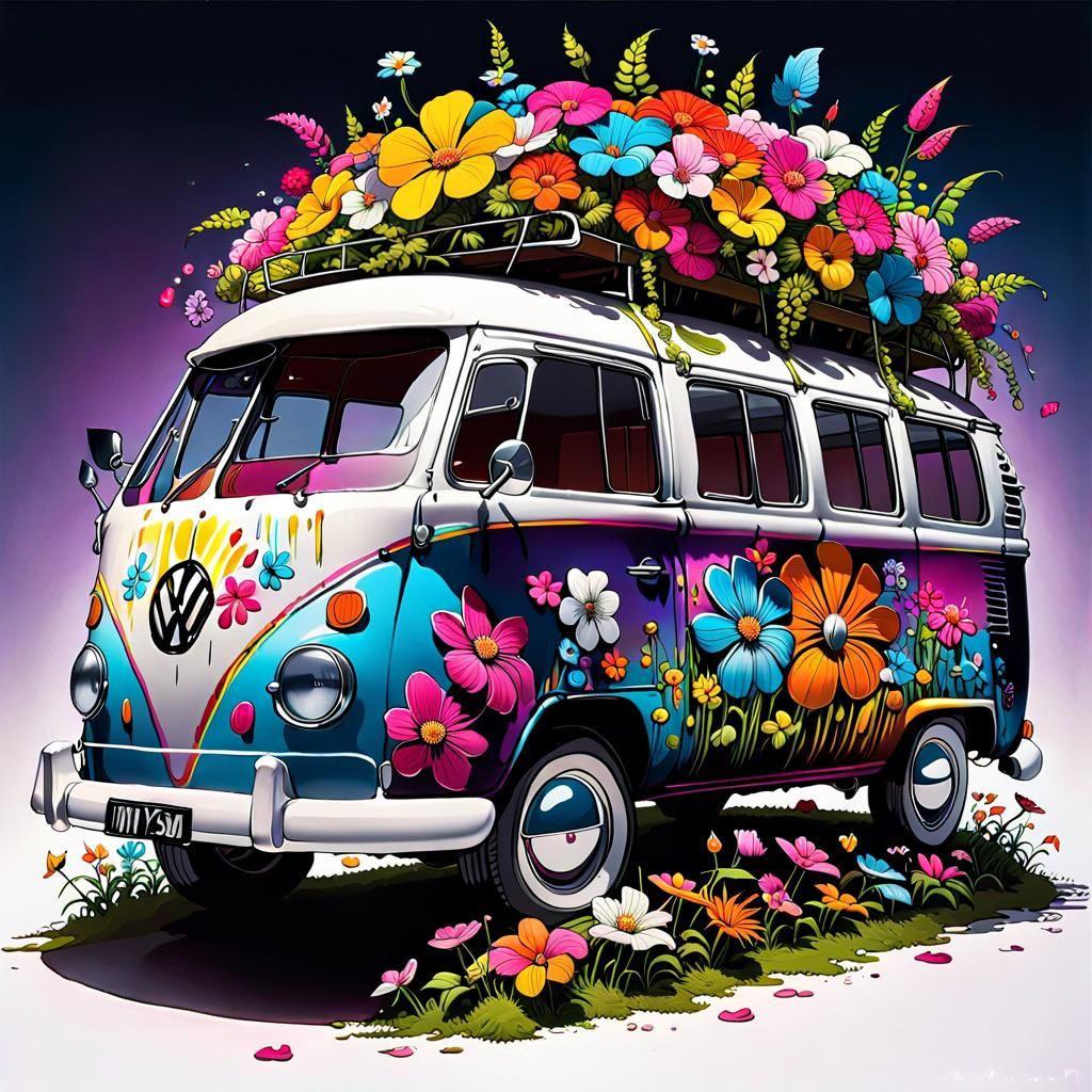 Psychedelic Flower-Covered VW Van with Concert Stage