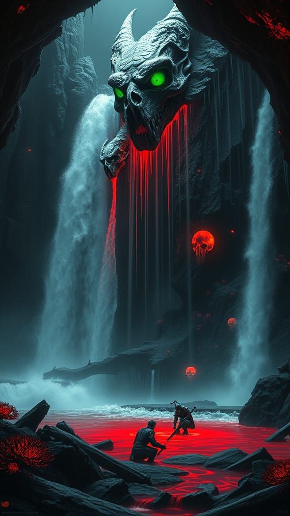 Dark Fantasy Waterfalls in Crimson and Neon Green