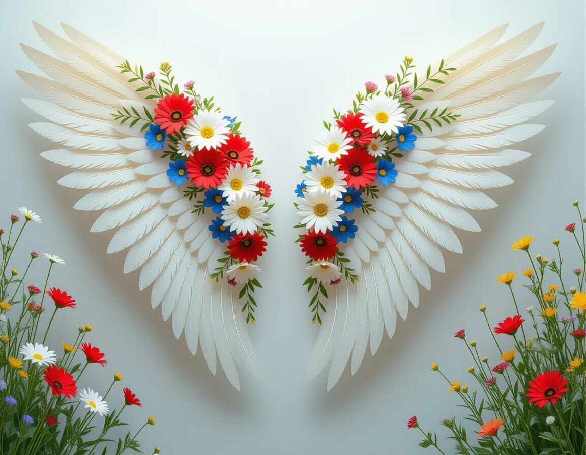 Ethereal Angel Wings Fused with Blooming Flowers