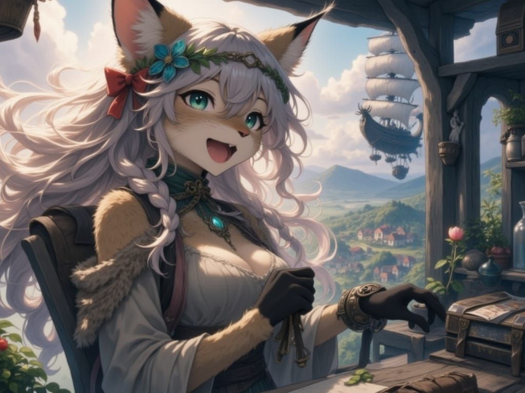 Anime Catgirl Overlooks Fantasy Village with Airship