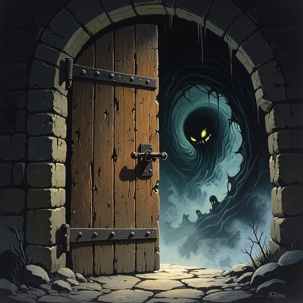 Ominous Wooden Door with Iron Bolt in Dark Fantasy Style