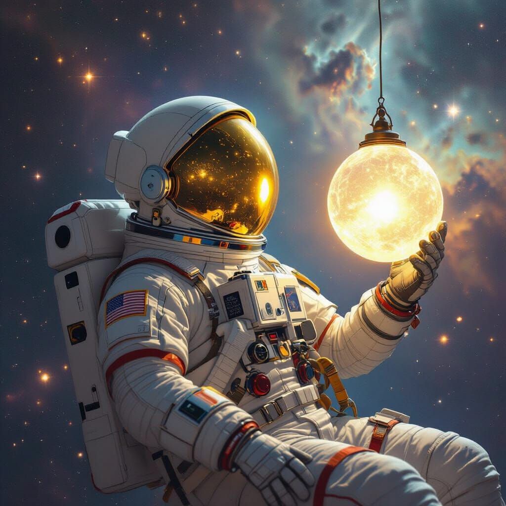 Astronaut Drifting in Space with Glowing Lantern