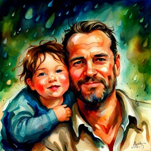 Joyful Father and Son in Watercolor Fantasy