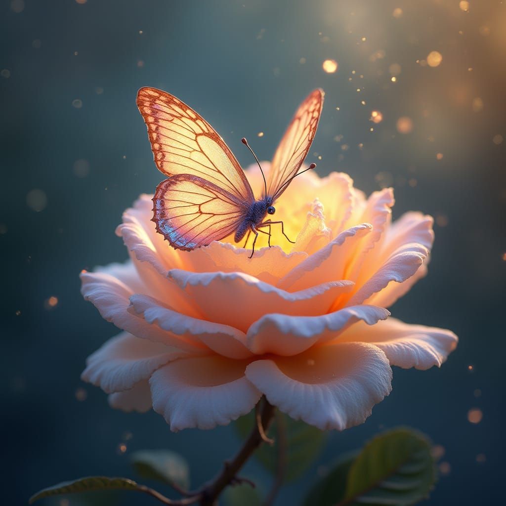 Moonbeam Butterfly on Crystalline Rose in Ethereal Style
