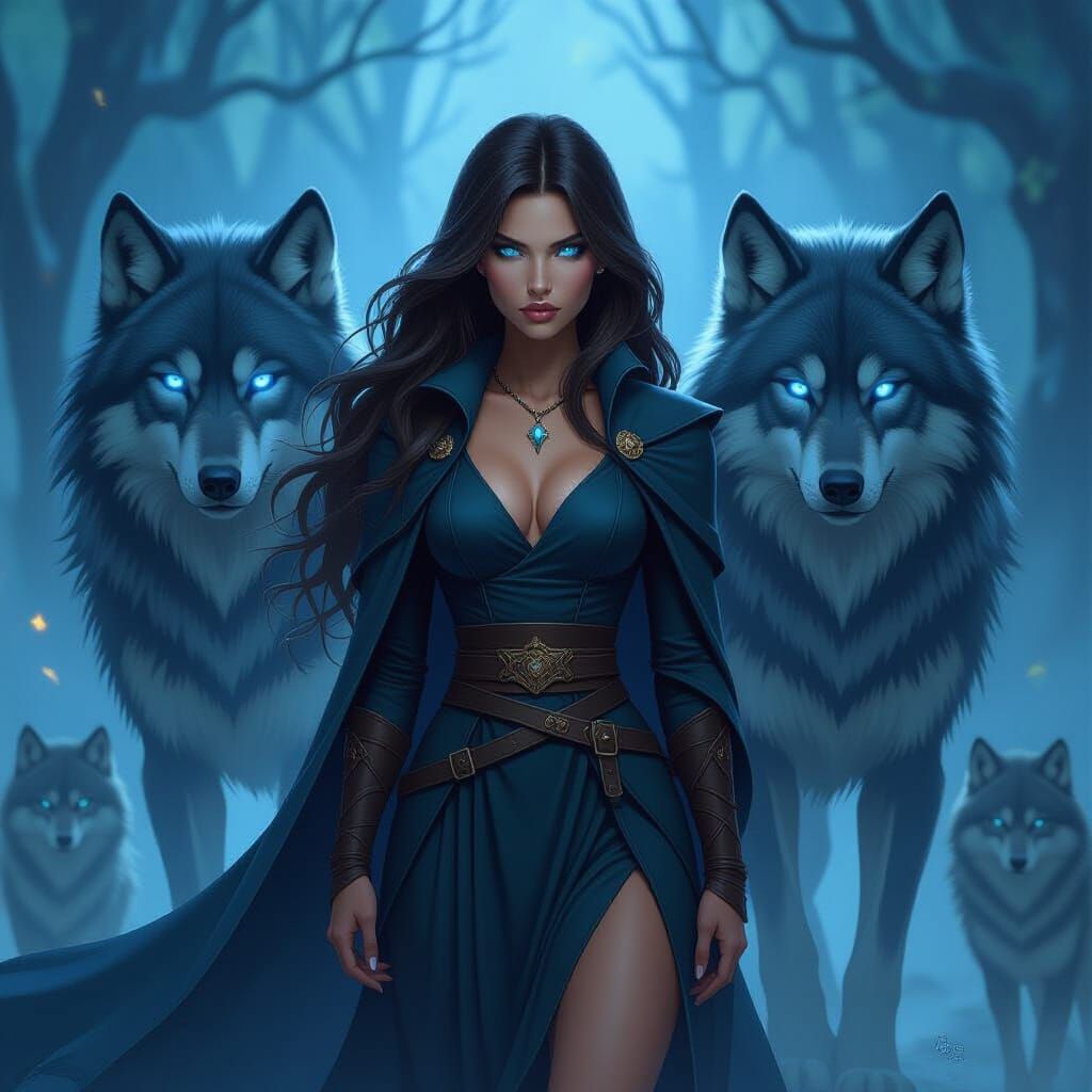 Female Warrior Guarded By Blue-Eyed Dire Wolves