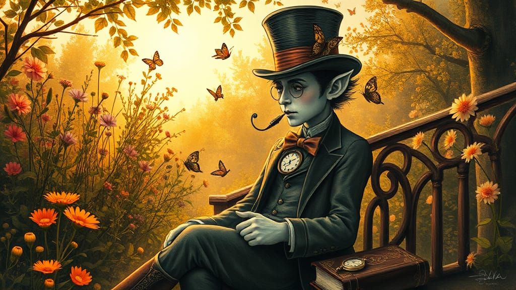 Whimsical Victorian Character in Dreamlike Garden