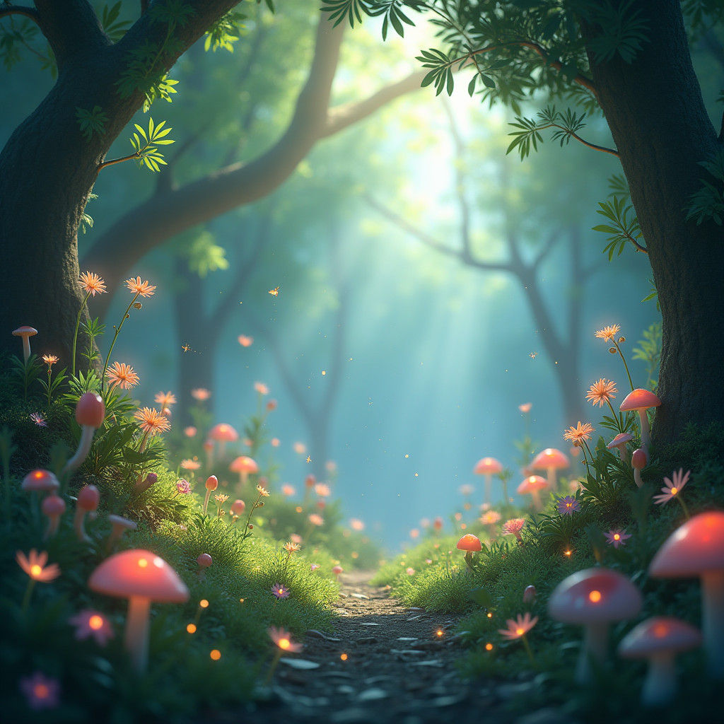 Enchanted Forest Scene with Glowing Fairies
