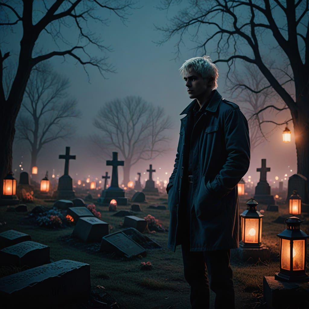 Ethereal Moment: Young Man Contemplates Grave Under Starry N...