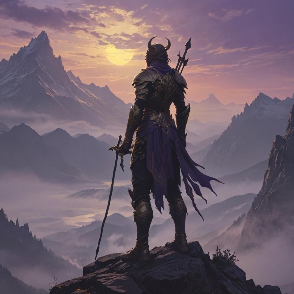 Warrior on Misty Mountain at Sunrise, Art Nouveau