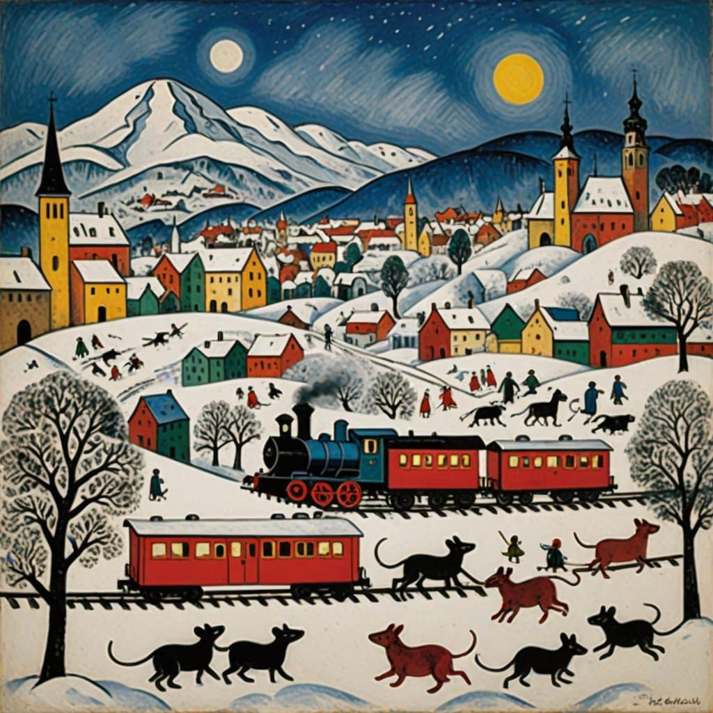 Winter Train Scene in Transylvania Inspired by Chagall and M...